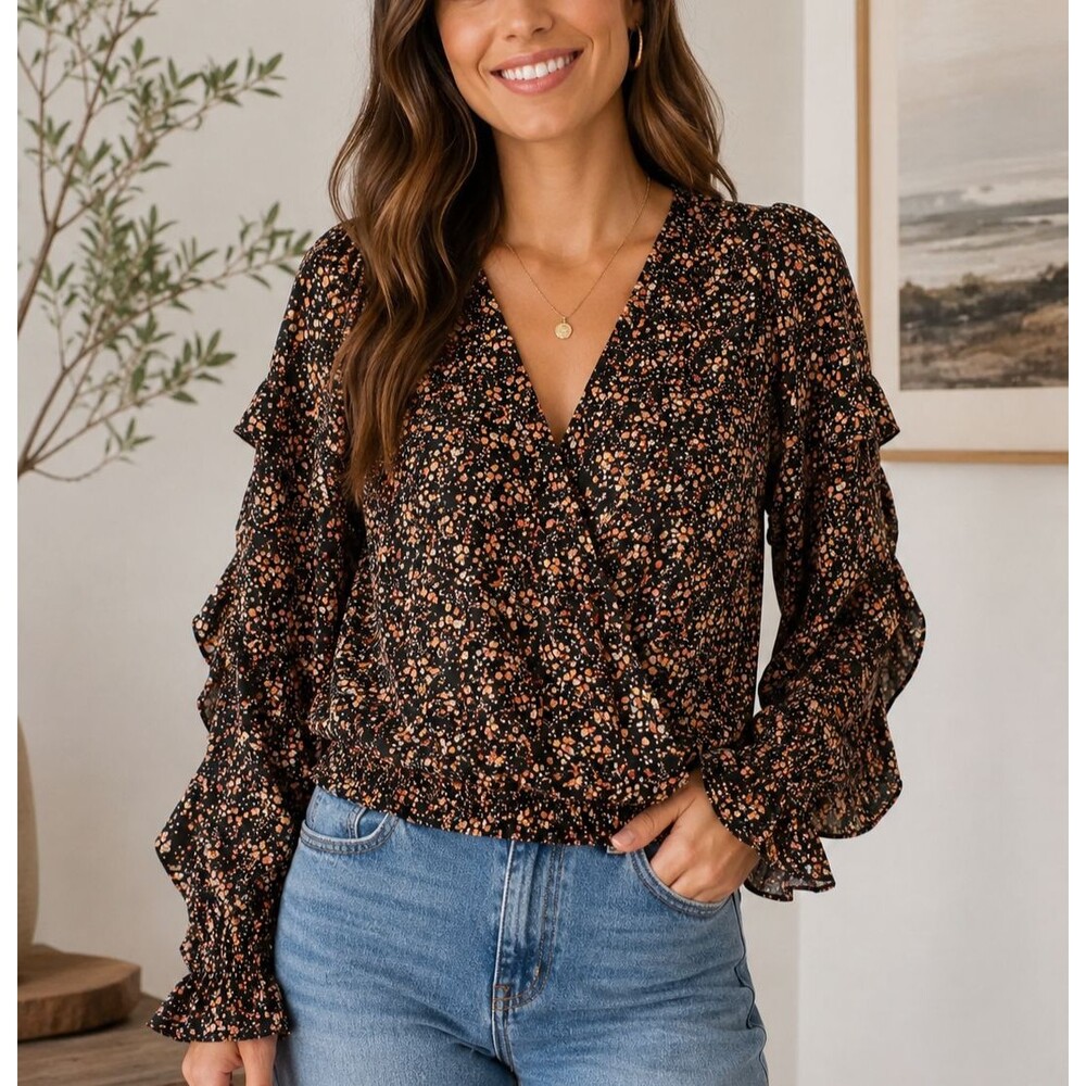 MAX STUDIO Women's Floral Ruffle Sleeve Surplice Blouse Black Boho Small NWOT